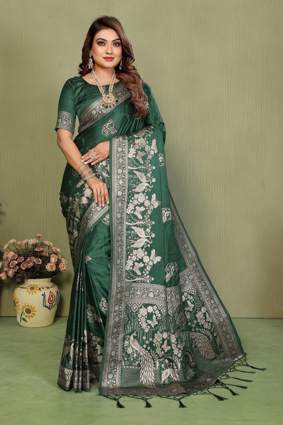 Green Color Gorgeous Satin Silk Saree With Weaving Work | Buy Online India