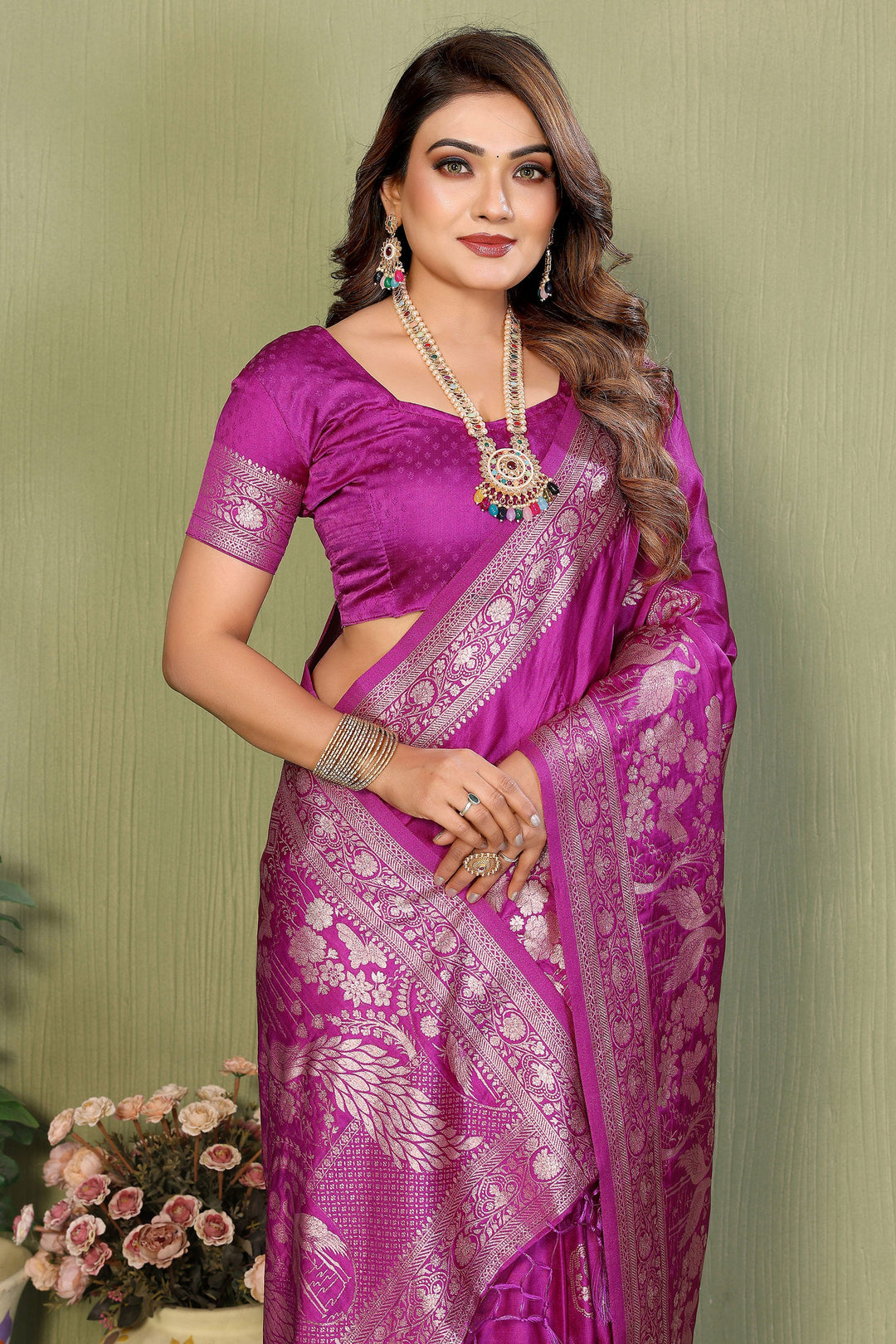 Weaving Work Soothing Satin Silk Saree In Magenta Color | Buy Online India