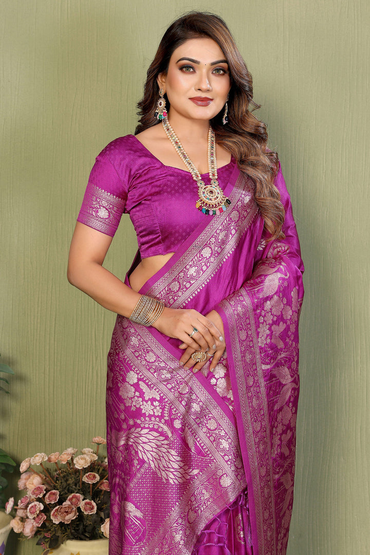 Weaving Work Soothing Satin Silk Saree In Magenta Color | Buy Online India