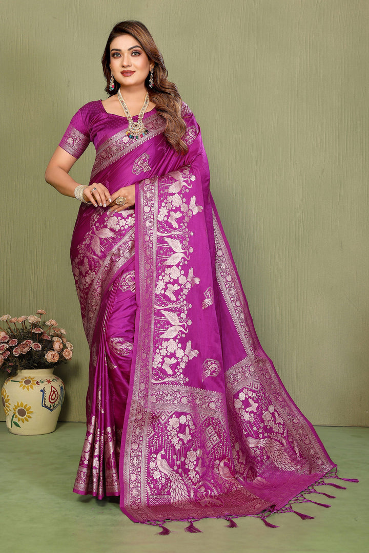 Weaving Work Soothing Satin Silk Saree In Magenta Color | Buy Online India