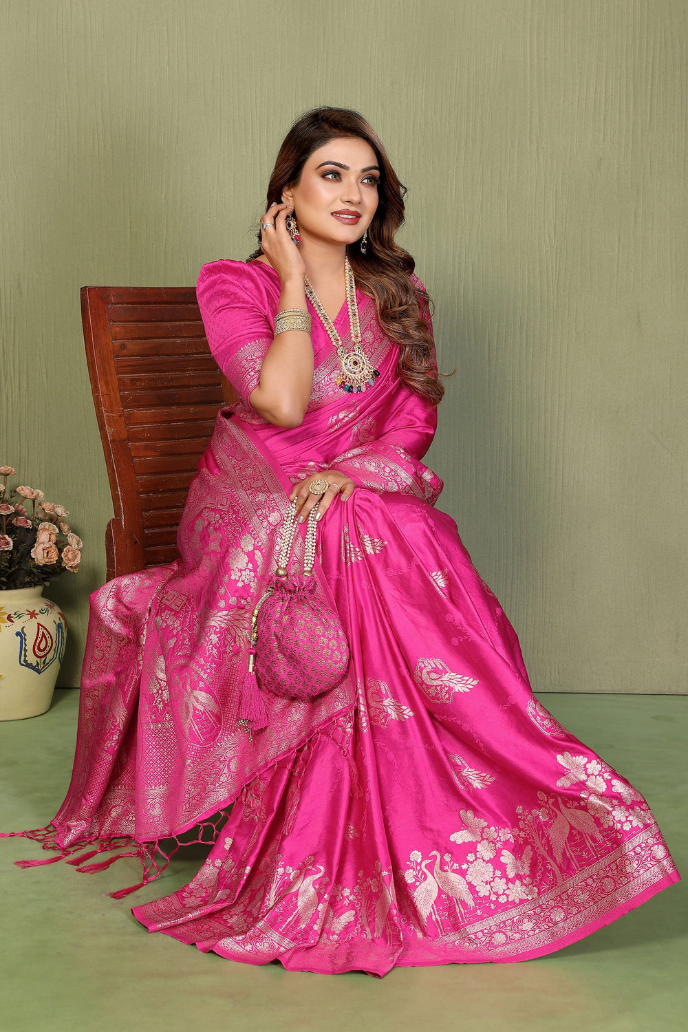 Rani Color Glorious Satin Silk Saree With Weaving Work | Buy Online India