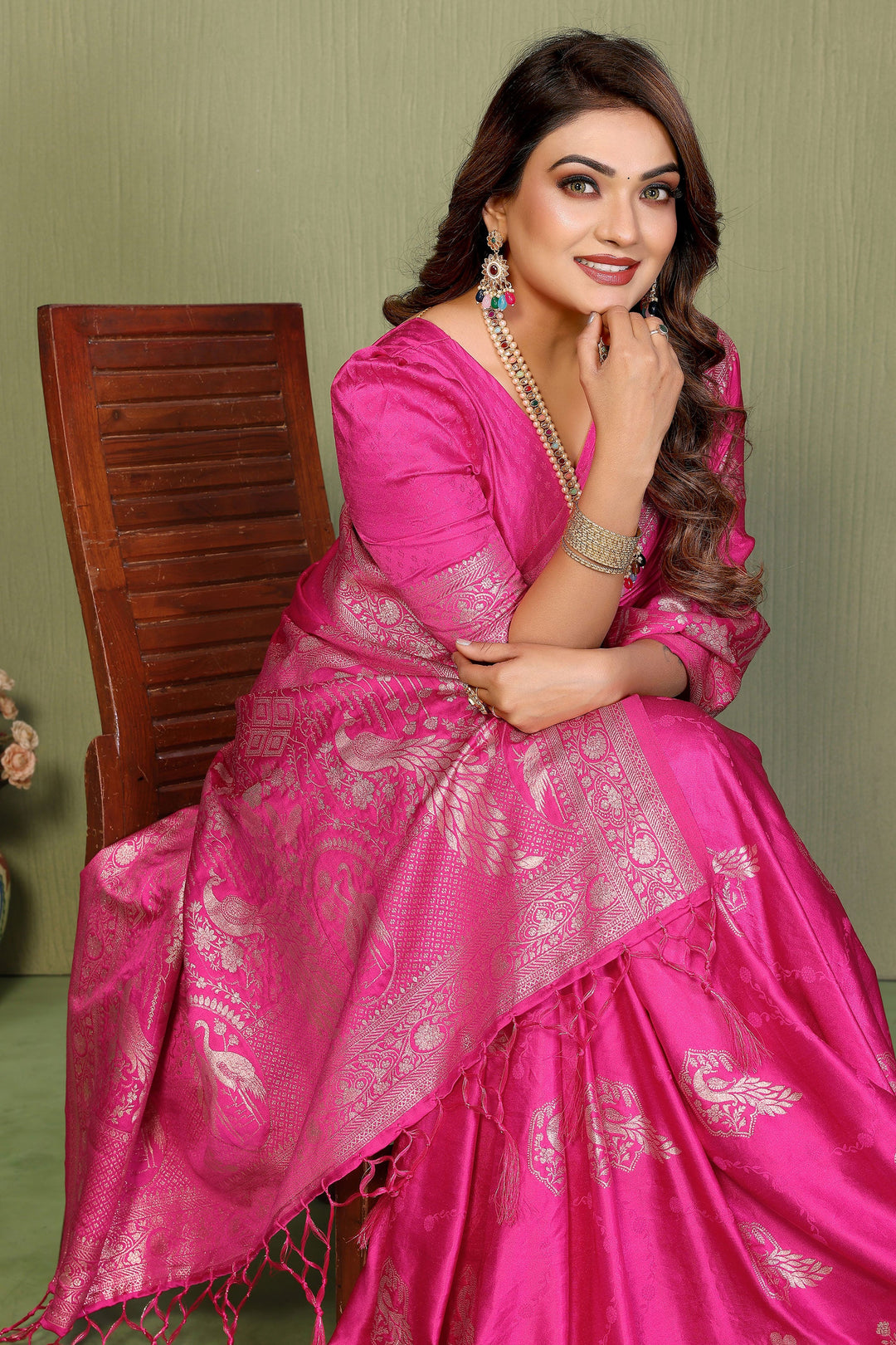 Rani Color Glorious Satin Silk Saree With Weaving Work | Buy Online India