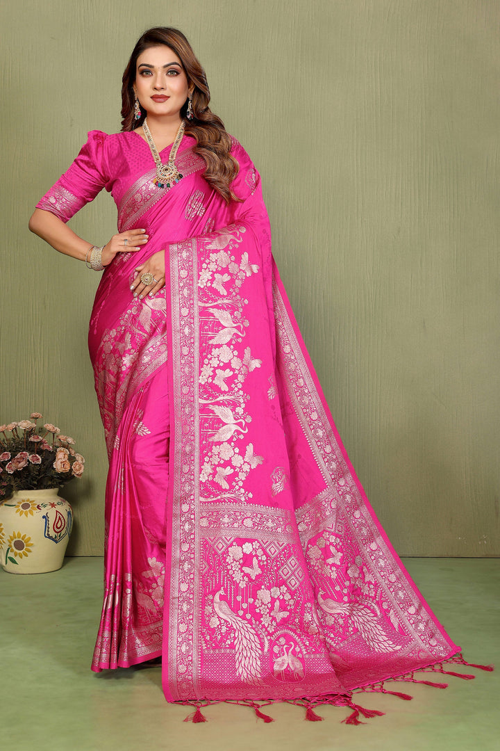 Rani Color Glorious Satin Silk Saree With Weaving Work | Buy Online India