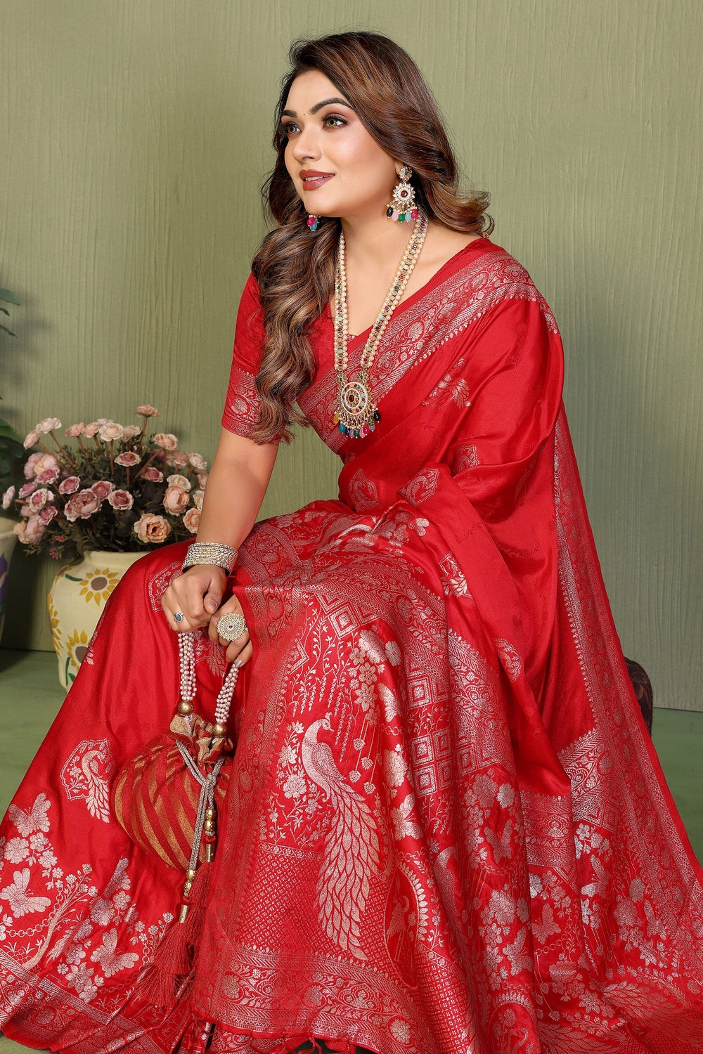 Delicate Red Color Weaving Work Satin Silk Saree | Buy Online India