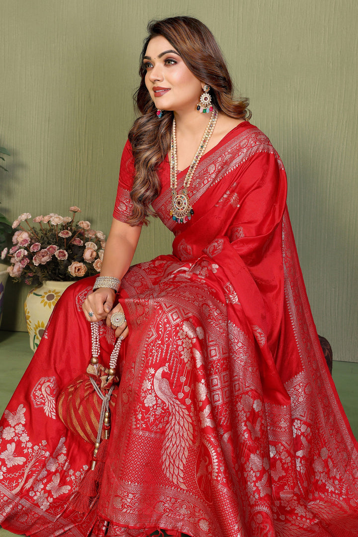 Delicate Red Color Weaving Work Satin Silk Saree | Buy Online India