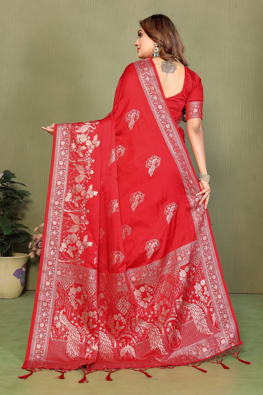 Delicate Red Color Weaving Work Satin Silk Saree | Buy Online India