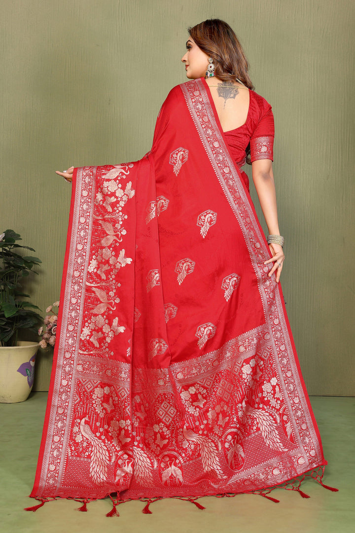 Delicate Red Color Weaving Work Satin Silk Saree | Buy Online India