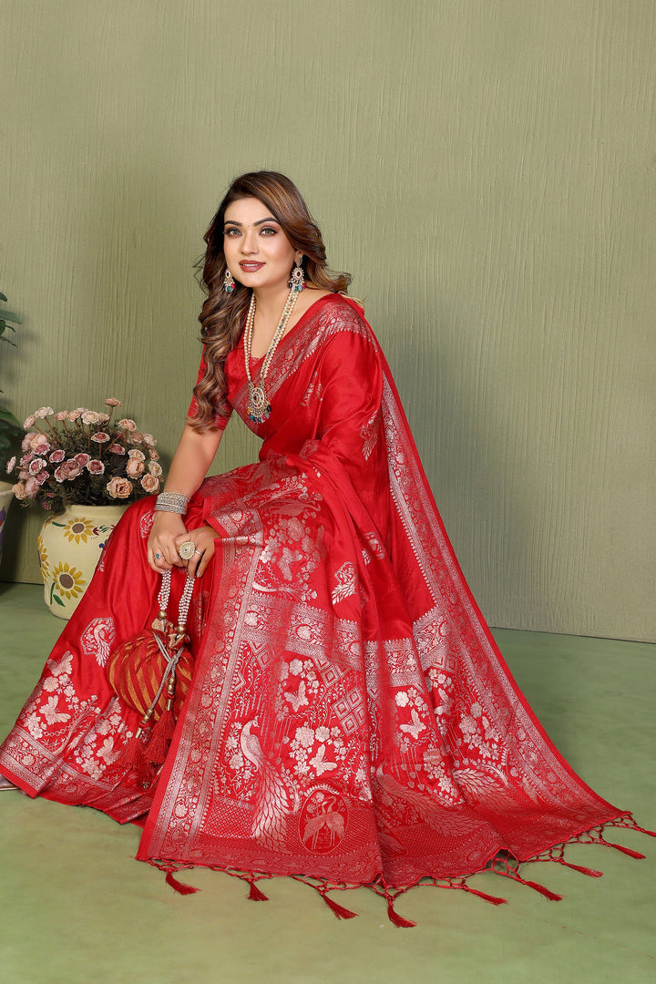 Delicate Red Color Weaving Work Satin Silk Saree | Buy Online India