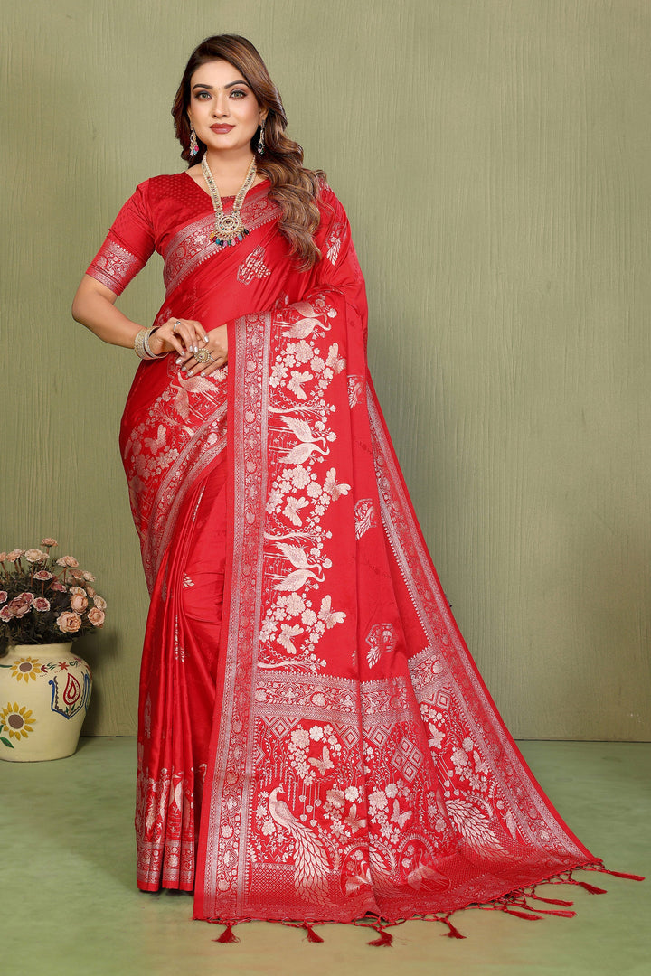 Delicate Red Color Weaving Work Satin Silk Saree | Buy Online India