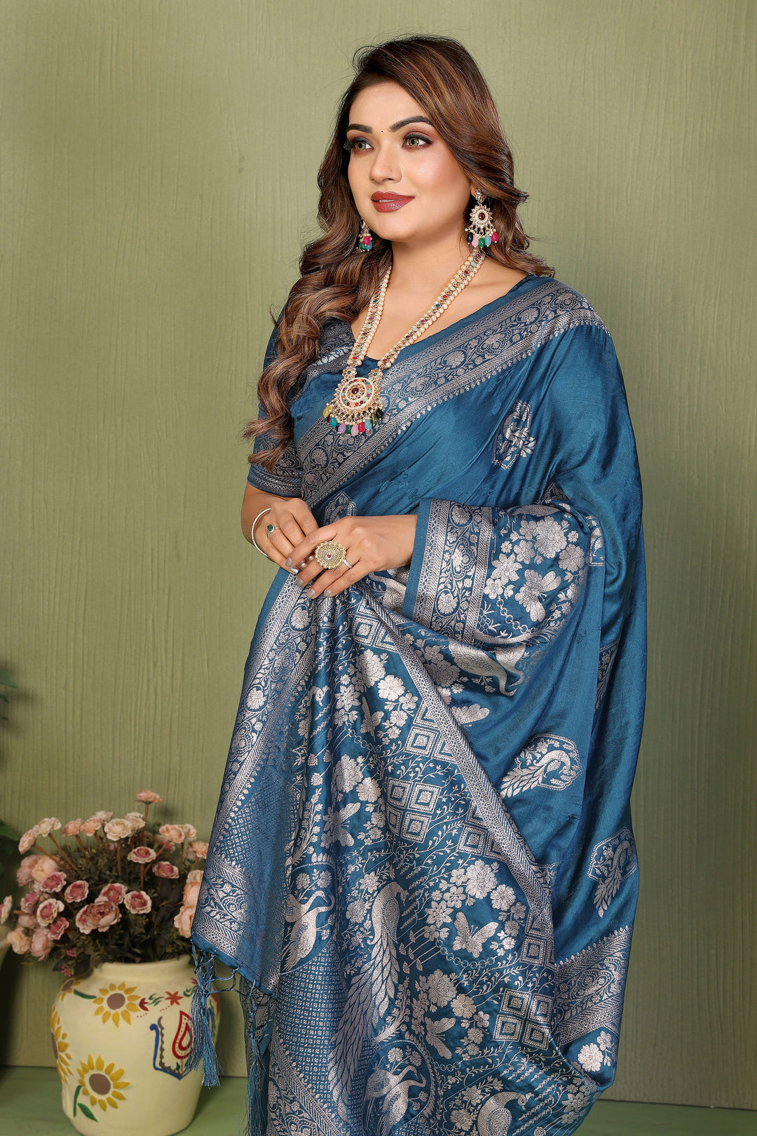 Blazing Teal Color Weaving Work Satin Silk Saree | Buy Online India