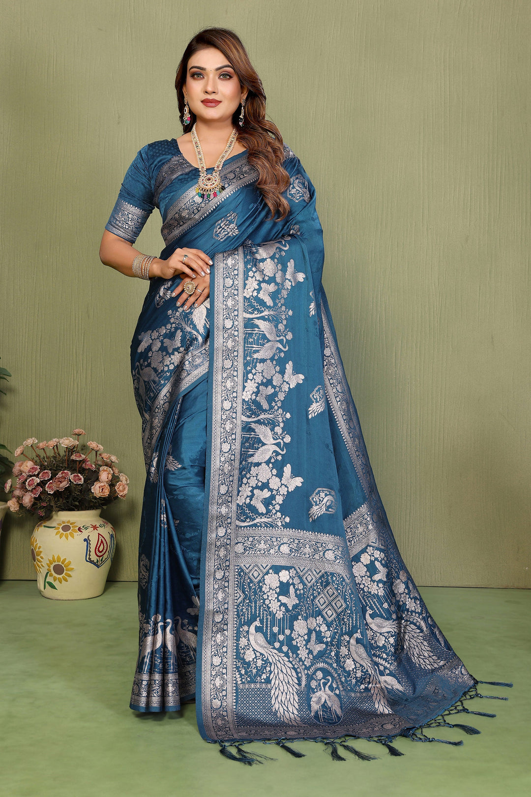 Blazing Teal Color Weaving Work Satin Silk Saree | Buy Online India
