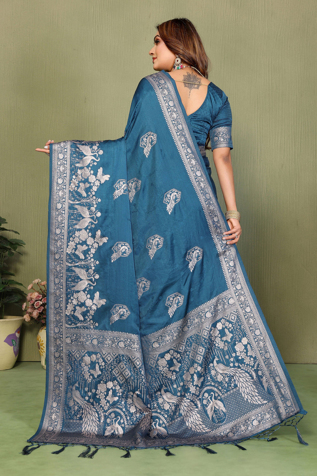 Blazing Teal Color Weaving Work Satin Silk Saree | Buy Online India
