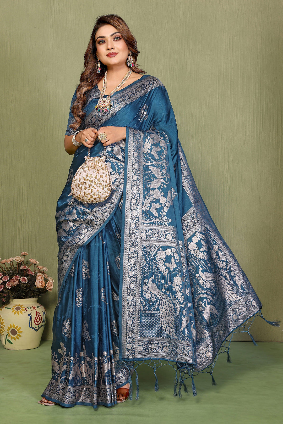 Blazing Teal Color Weaving Work Satin Silk Saree | Buy Online India