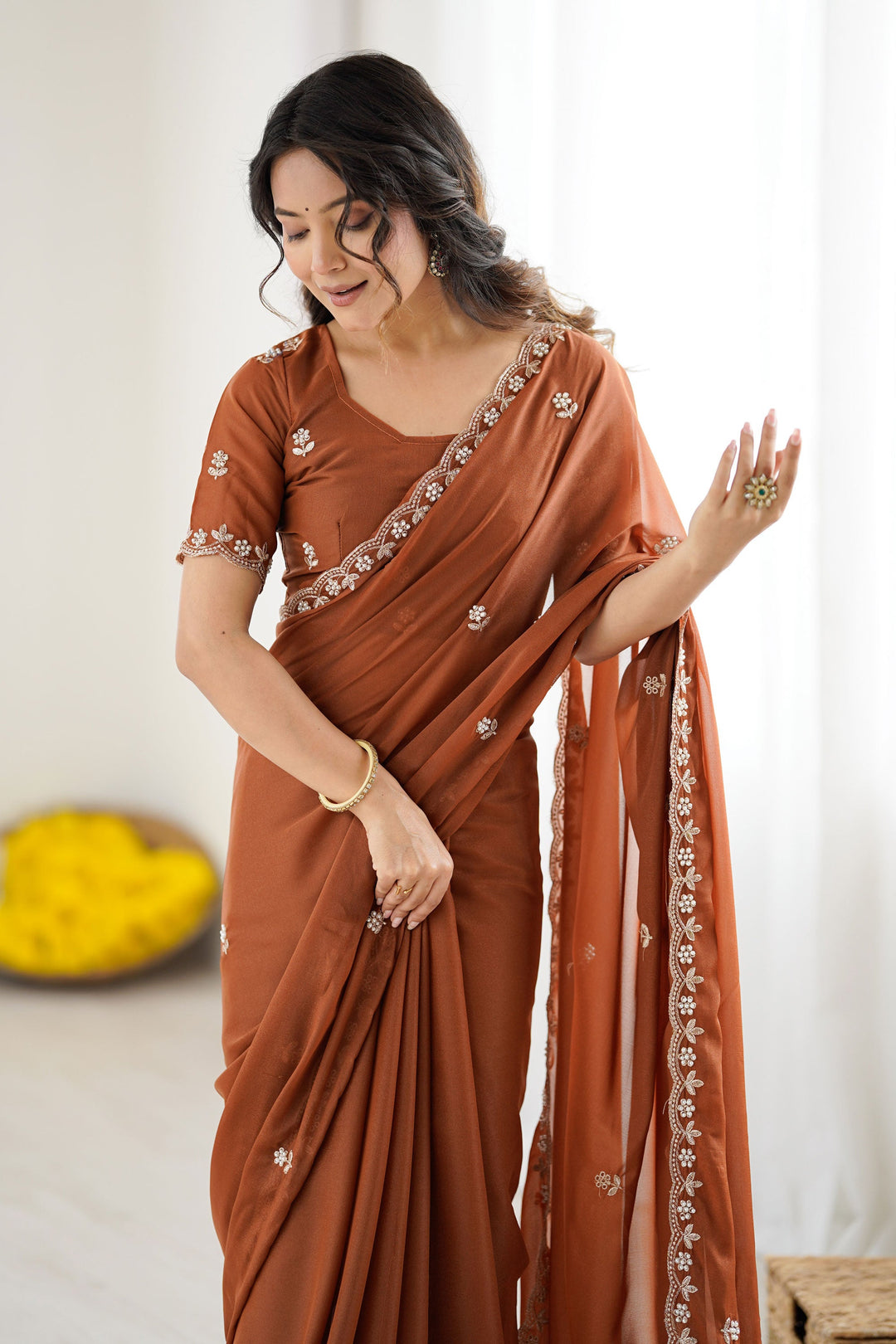 Captivating Georgette Fabric Saree In Brown Color | Buy Online India