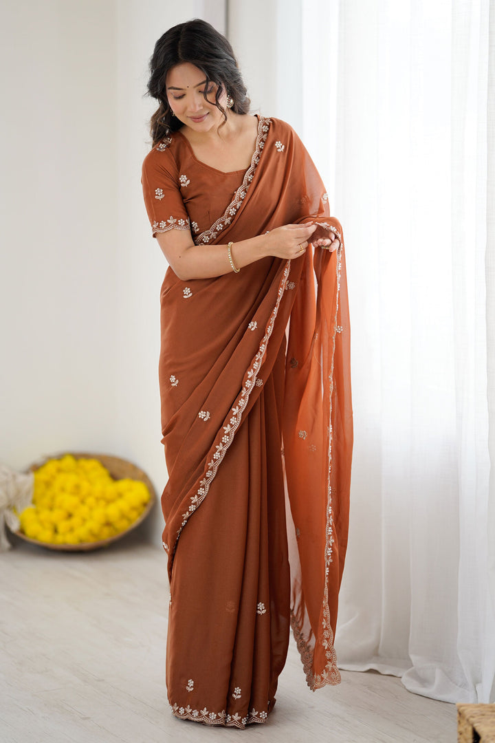 Captivating Georgette Fabric Saree In Brown Color | Buy Online India