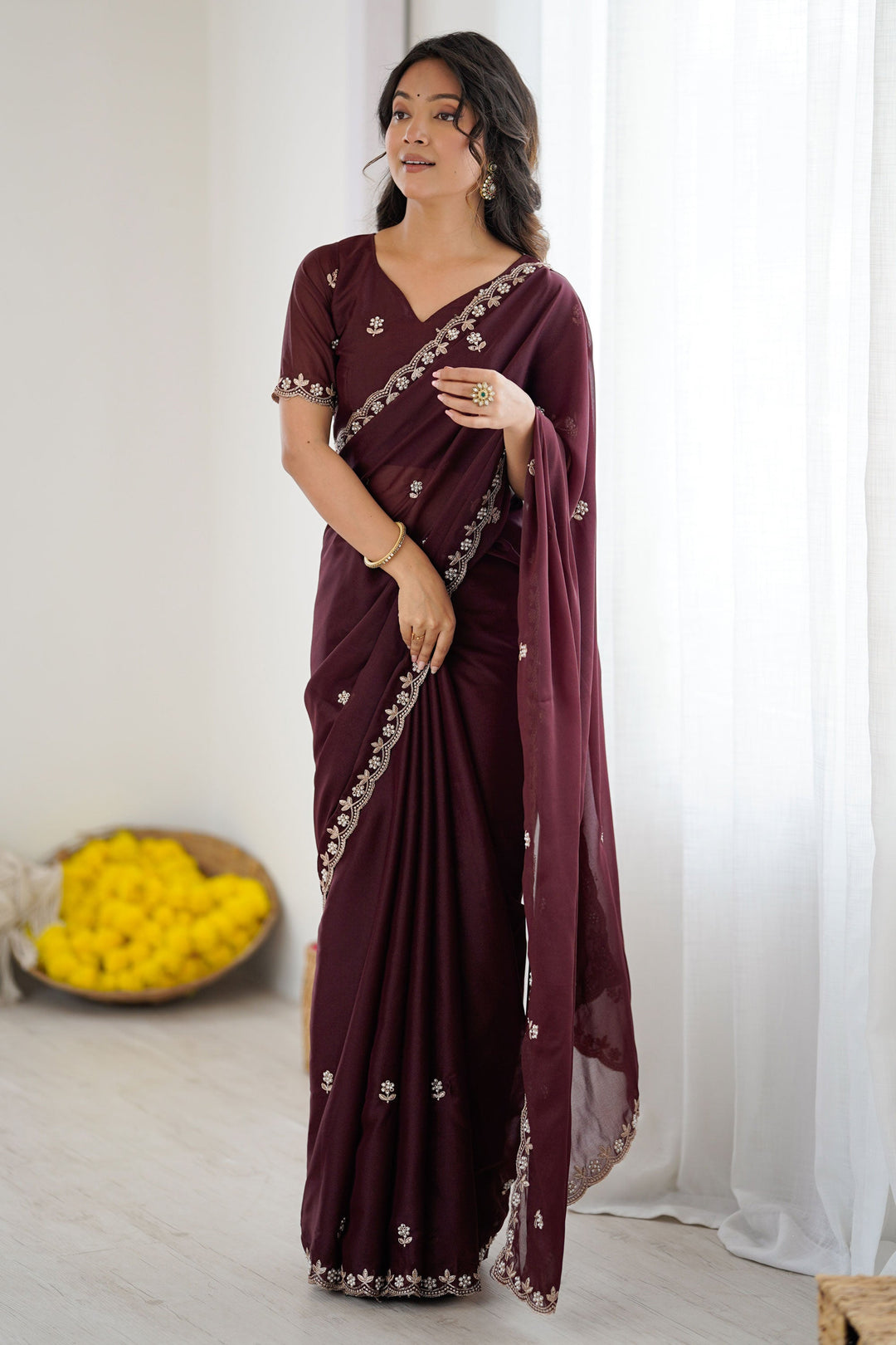 Awesome Georgette Fabric Saree In Burgundy Color | Buy Online India