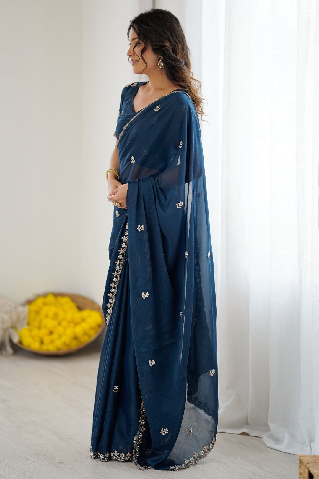Appealing Georgette Fabric Saree In Teal Color | Buy Online India
