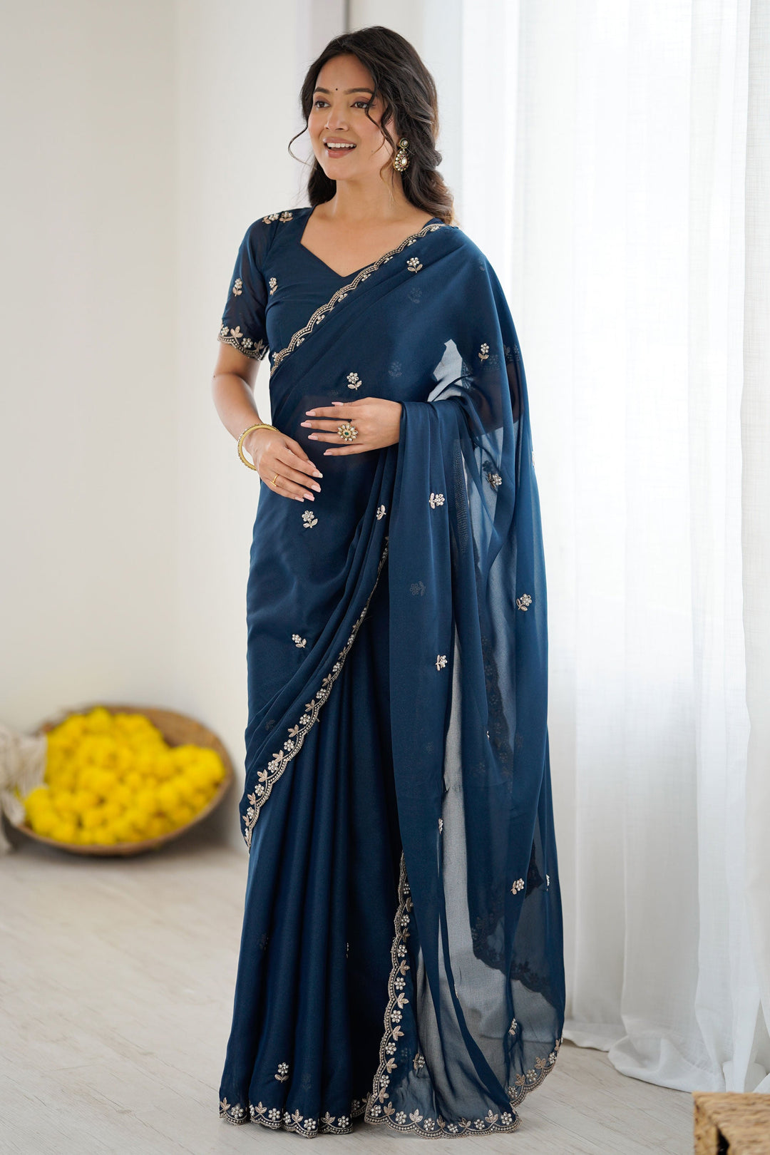 Appealing Georgette Fabric Saree In Teal Color | Buy Online India
