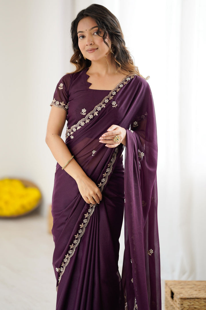 Trendy Wine Color Georgette Fabric Saree | Buy Online India