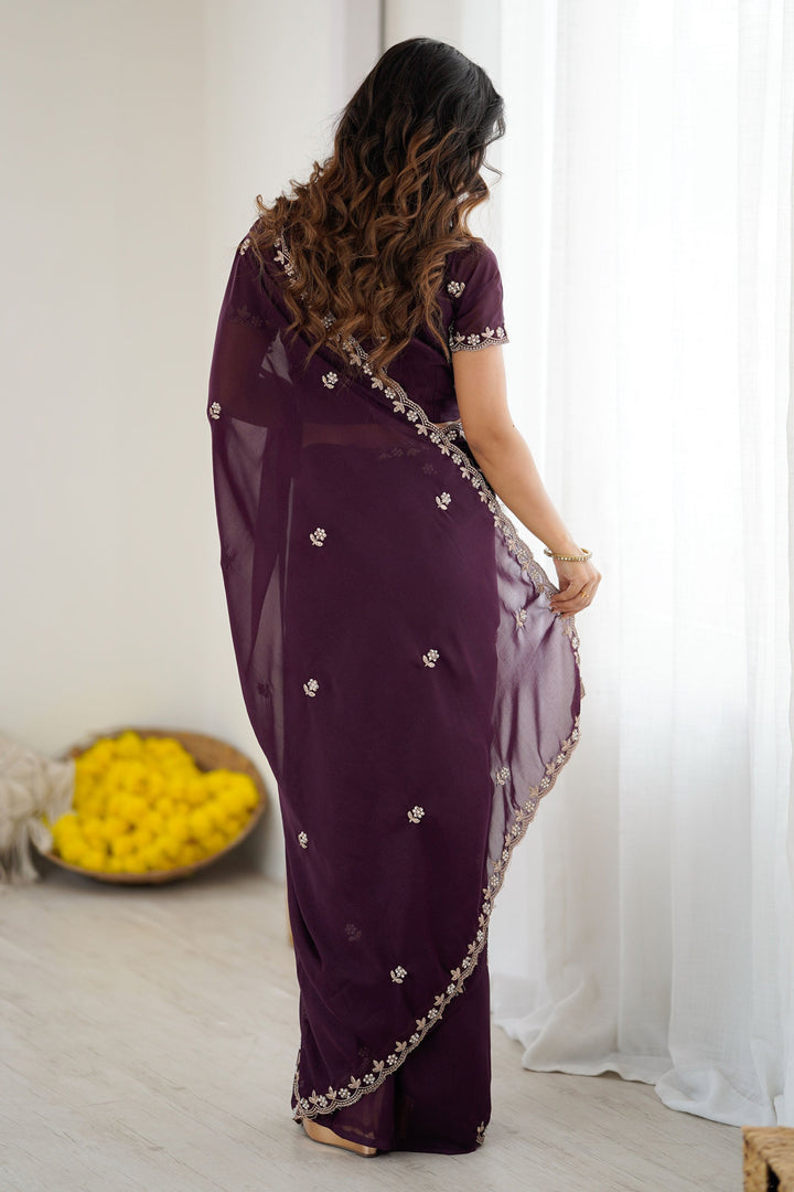 Trendy Wine Color Georgette Fabric Saree | Buy Online India