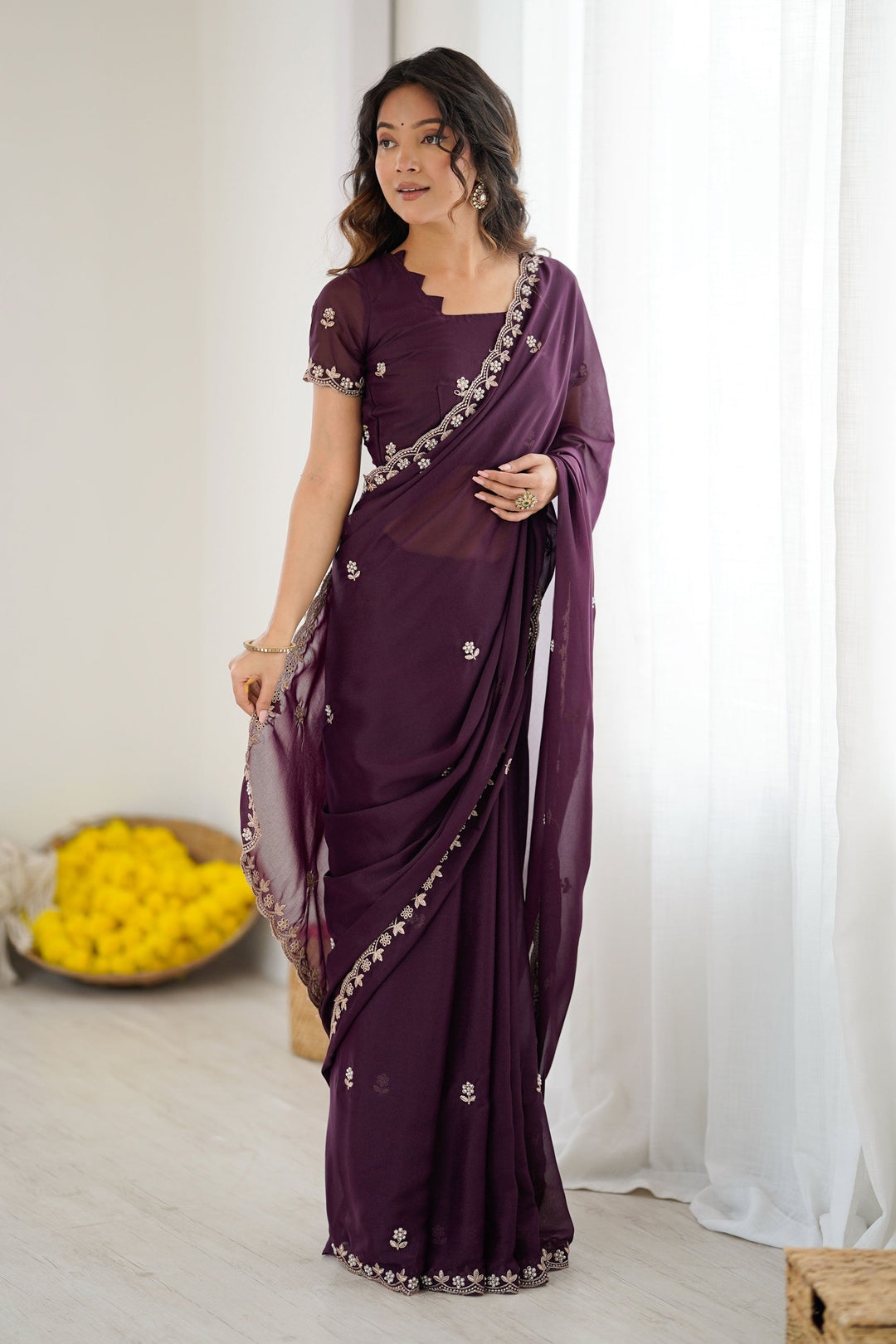 Trendy Wine Color Georgette Fabric Saree | Buy Online India