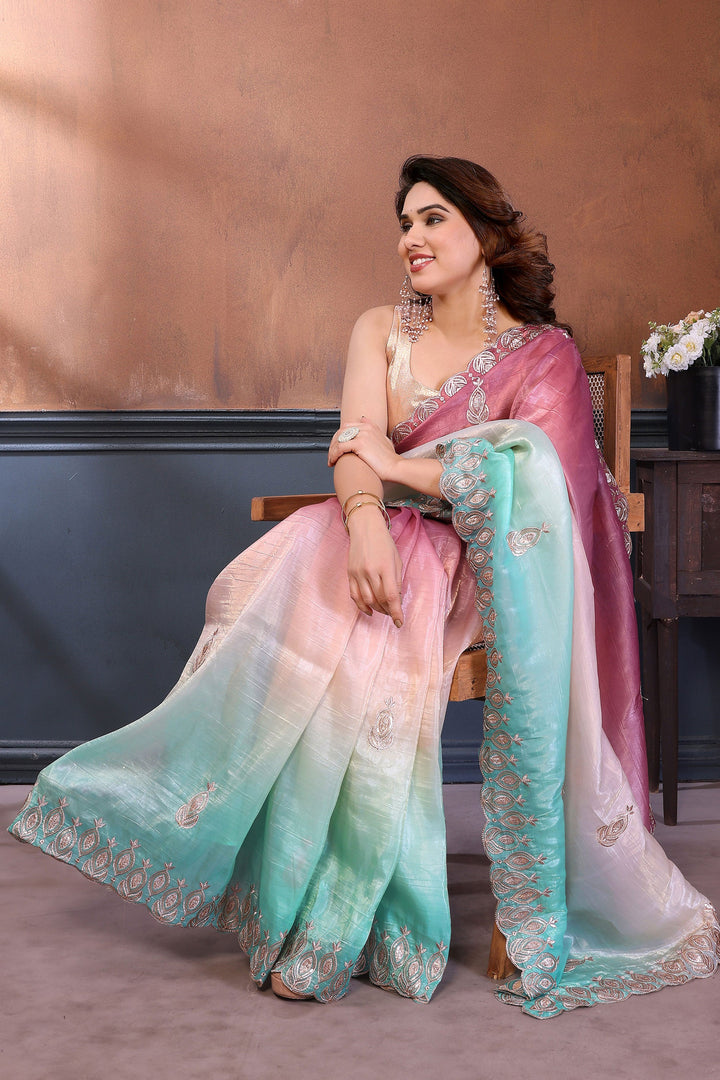 Embroidered Work Multi Color Stylish Look Crush Silk Saree | Buy Online India