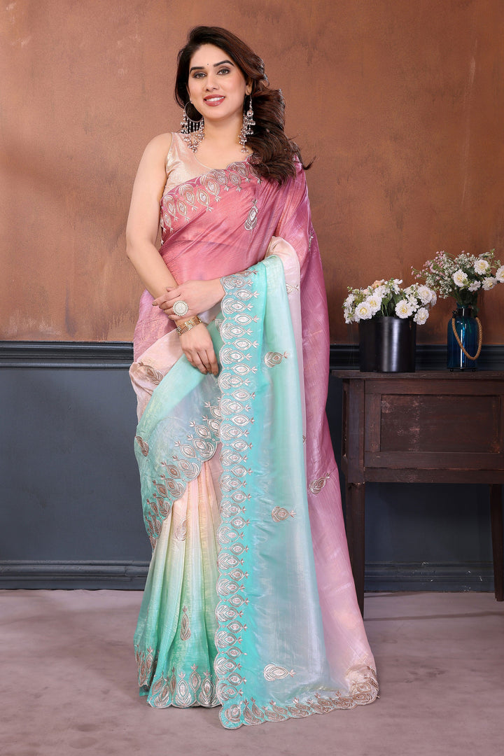 Embroidered Work Multi Color Stylish Look Crush Silk Saree | Buy Online India