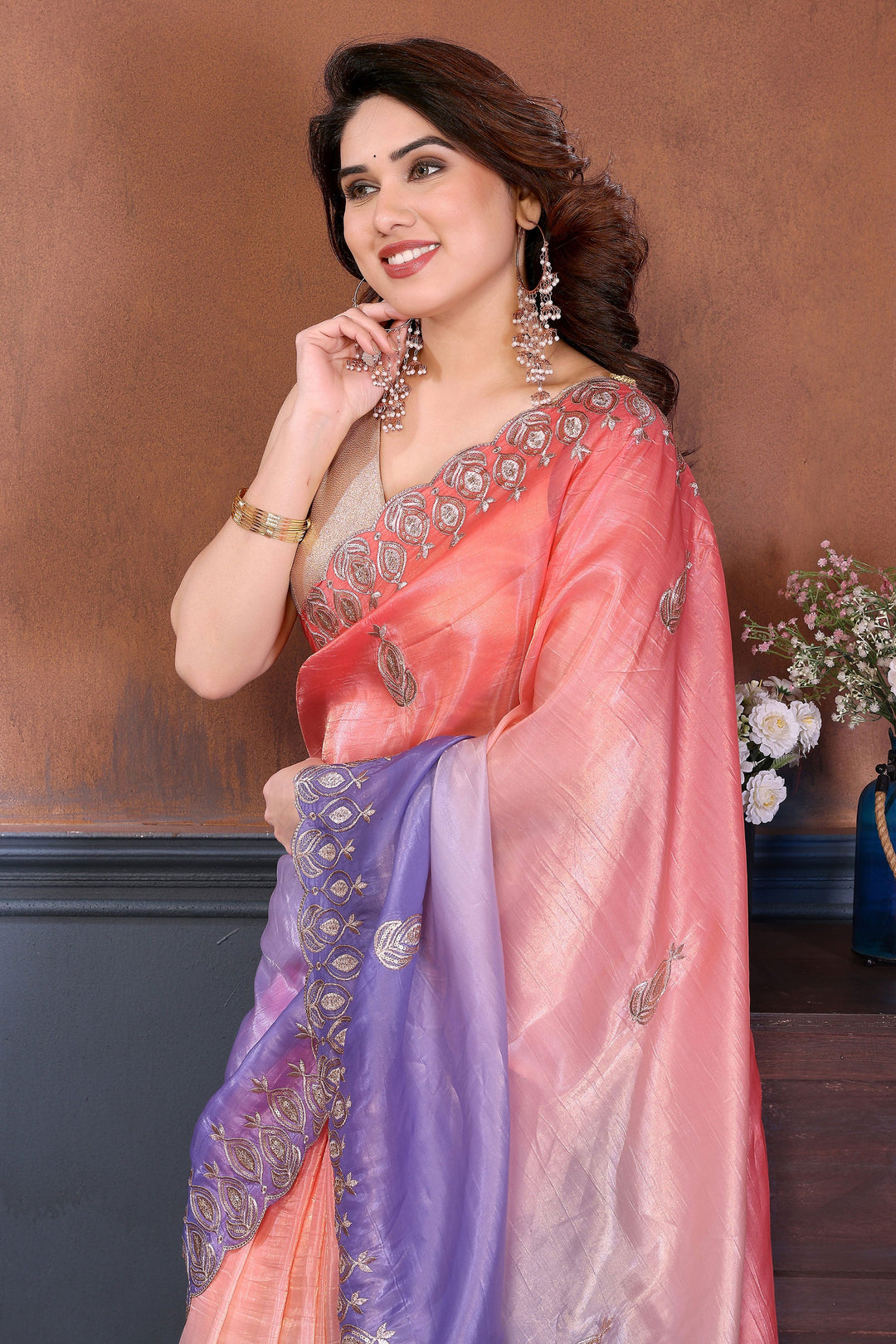 Embroidered Work Captivating Multi Color Crush Silk Saree | Buy Online India