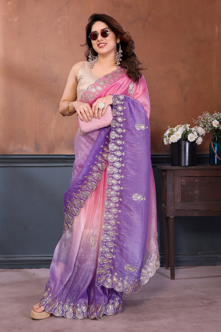 Multi Color Embroidered Work Glamorous Look Crush Silk Saree | Buy Online India