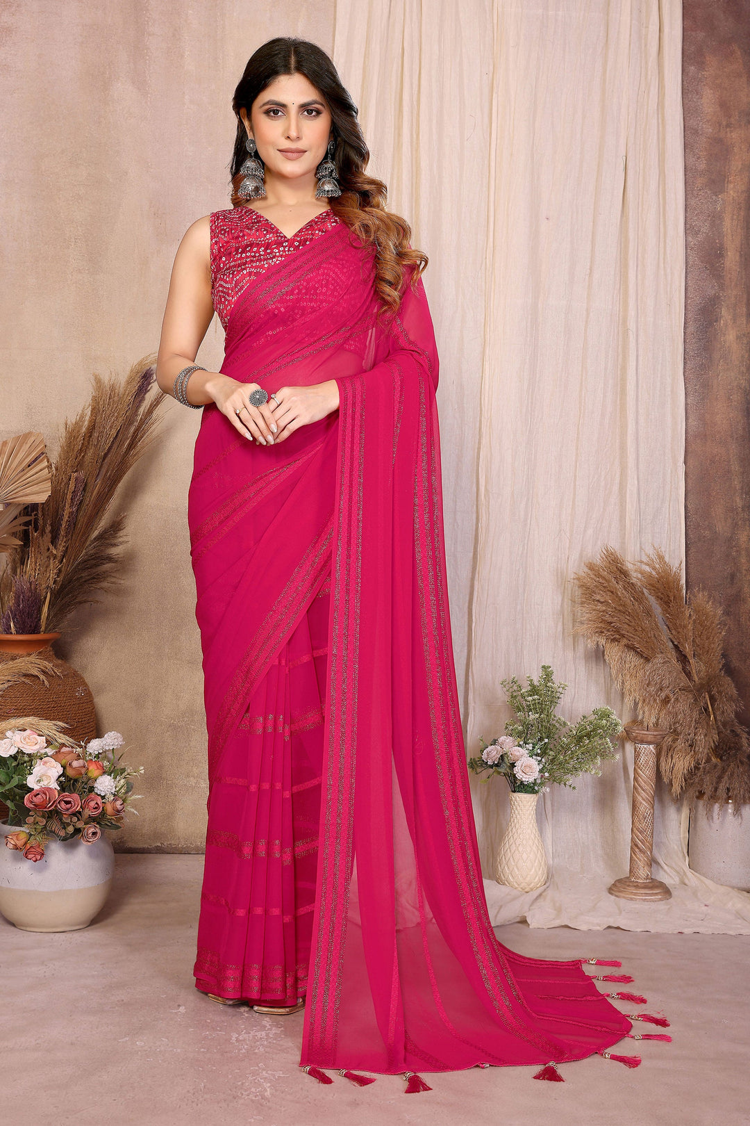 Georgette Fabric Pink Color Delicate Party Style Saree | Buy Online India