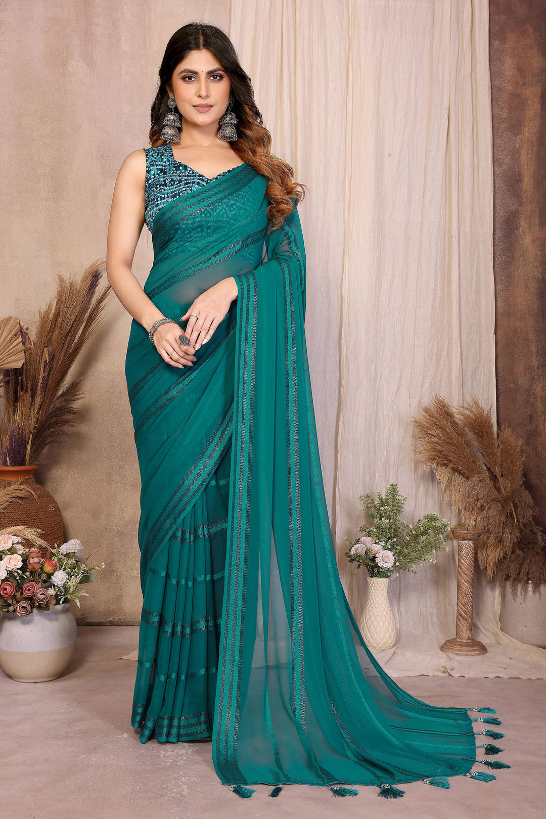 Engaging Teal Color Georgette Fabric Party Style Saree | Buy Online India