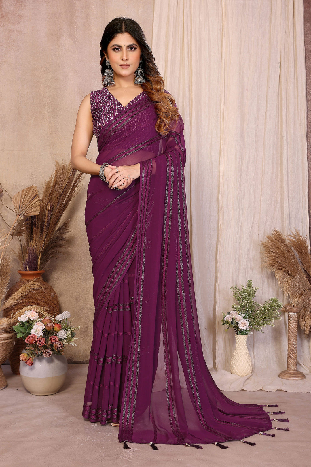 Trendy Georgette Fabric Purple Color Party Style Saree | Buy Online India