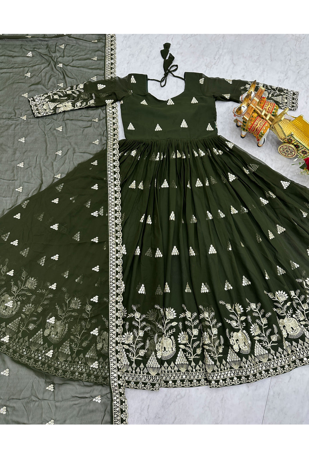 Awesome Georgette Fabric Green Color Readymade Gown Dupatta | Buy Online India