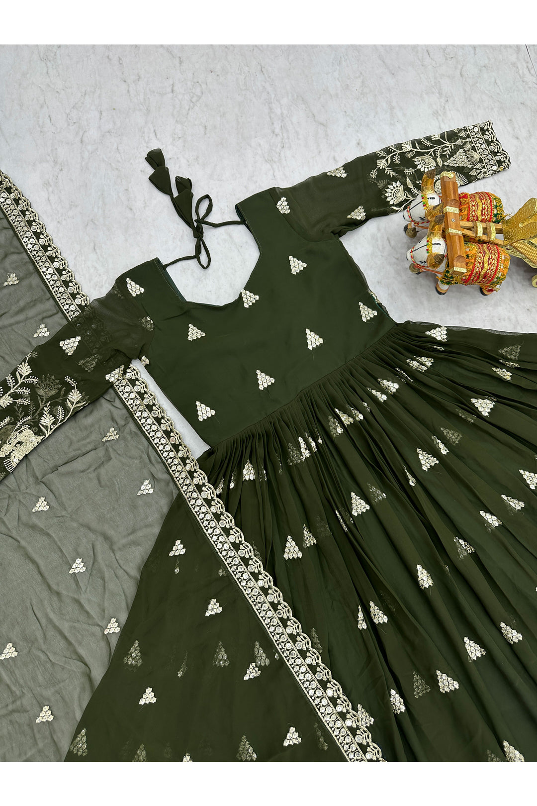Awesome Georgette Fabric Green Color Readymade Gown Dupatta | Buy Online India