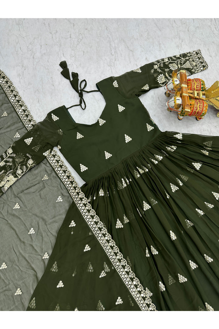 Awesome Georgette Fabric Green Color Readymade Gown Dupatta | Buy Online India