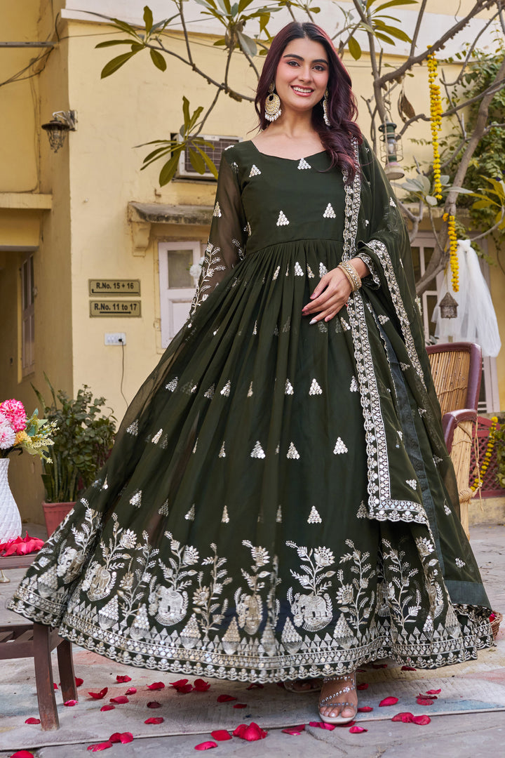 Awesome Georgette Fabric Green Color Readymade Gown Dupatta | Buy Online India