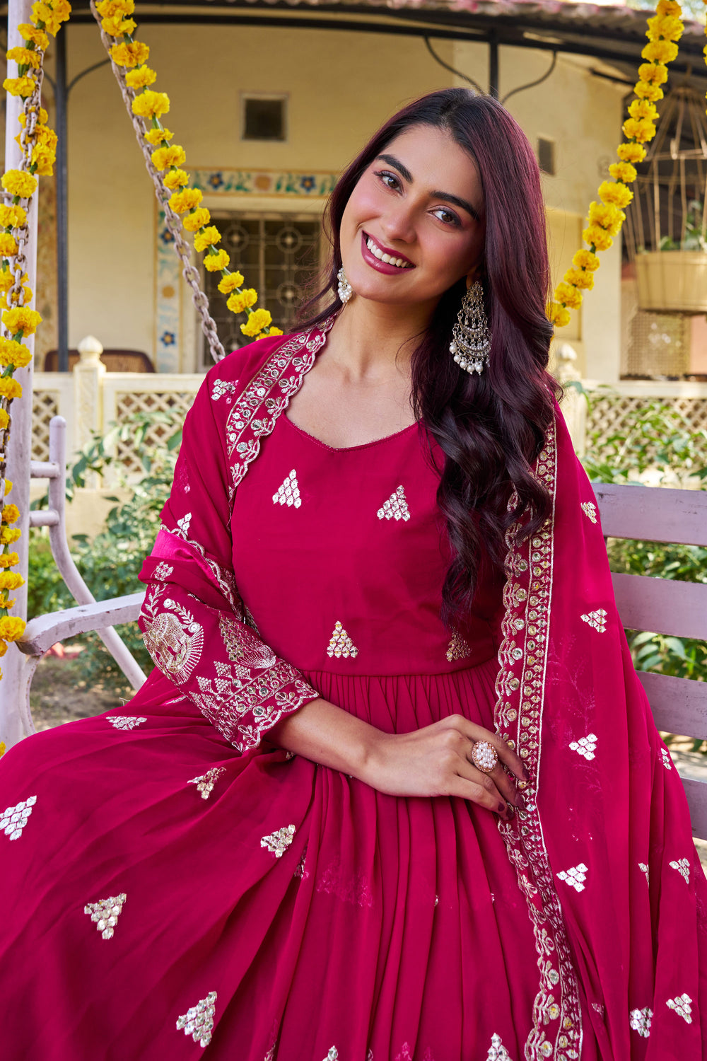 Tempting Georgette Fabric Rani Color Readymade Gown Dupatta | Buy Online India