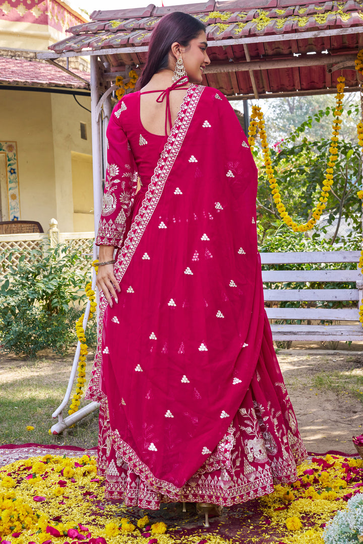 Tempting Georgette Fabric Rani Color Readymade Gown Dupatta | Buy Online India