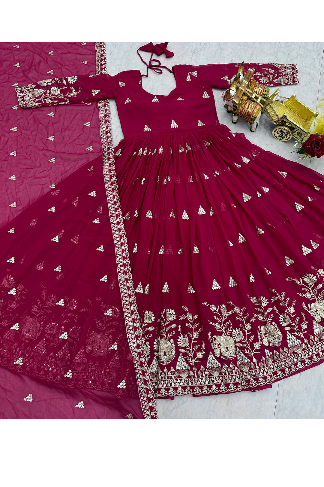 Tempting Georgette Fabric Rani Color Readymade Gown Dupatta | Buy Online India