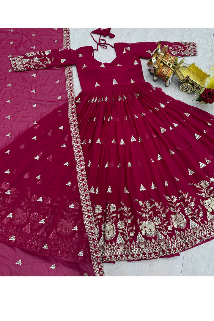 Tempting Georgette Fabric Rani Color Readymade Gown Dupatta | Buy Online India