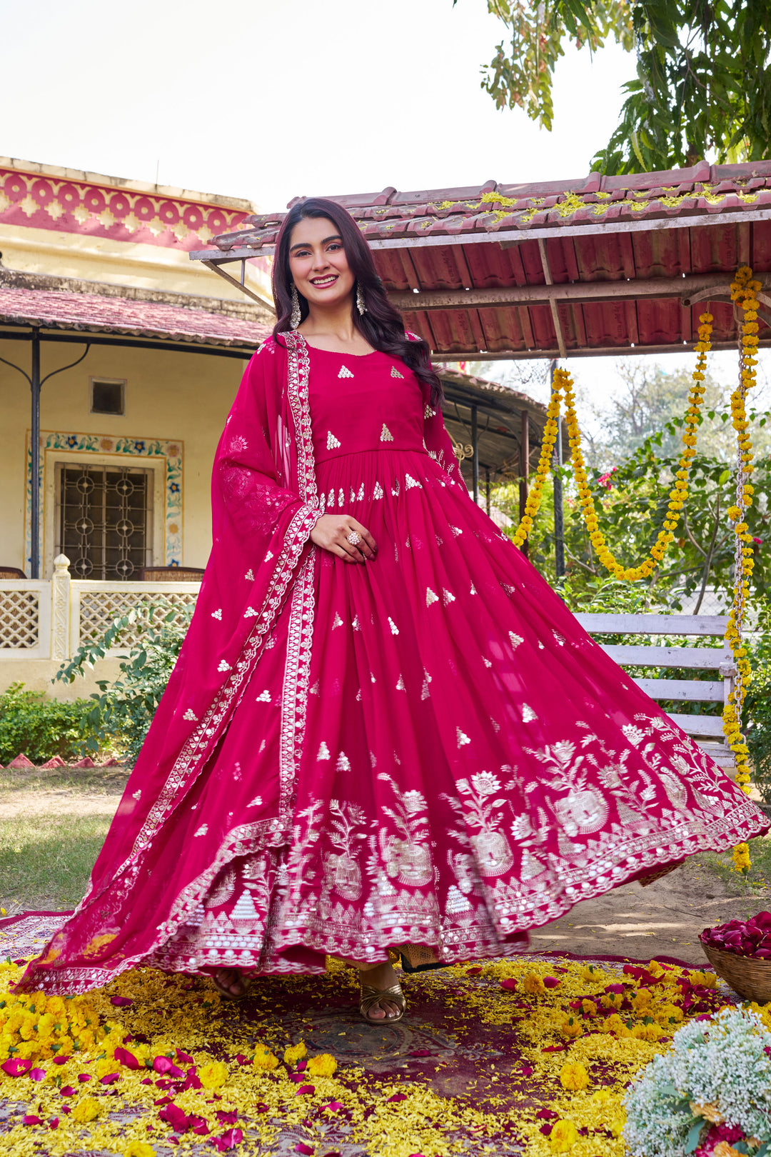 Tempting Georgette Fabric Rani Color Readymade Gown Dupatta | Buy Online India