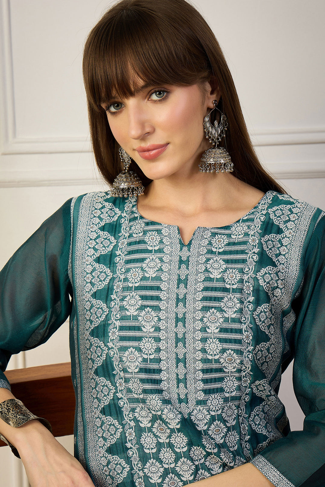 Tempting Cotton Silk Fabric Teal Color Weaving Print Kurti | Buy Online India