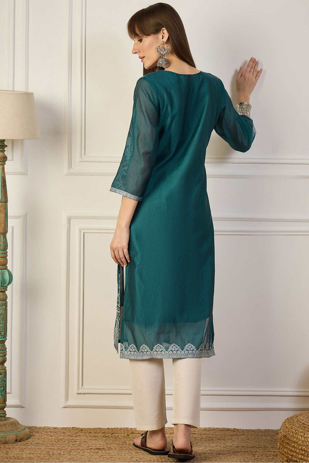 Tempting Cotton Silk Fabric Teal Color Weaving Print Kurti | Buy Online India