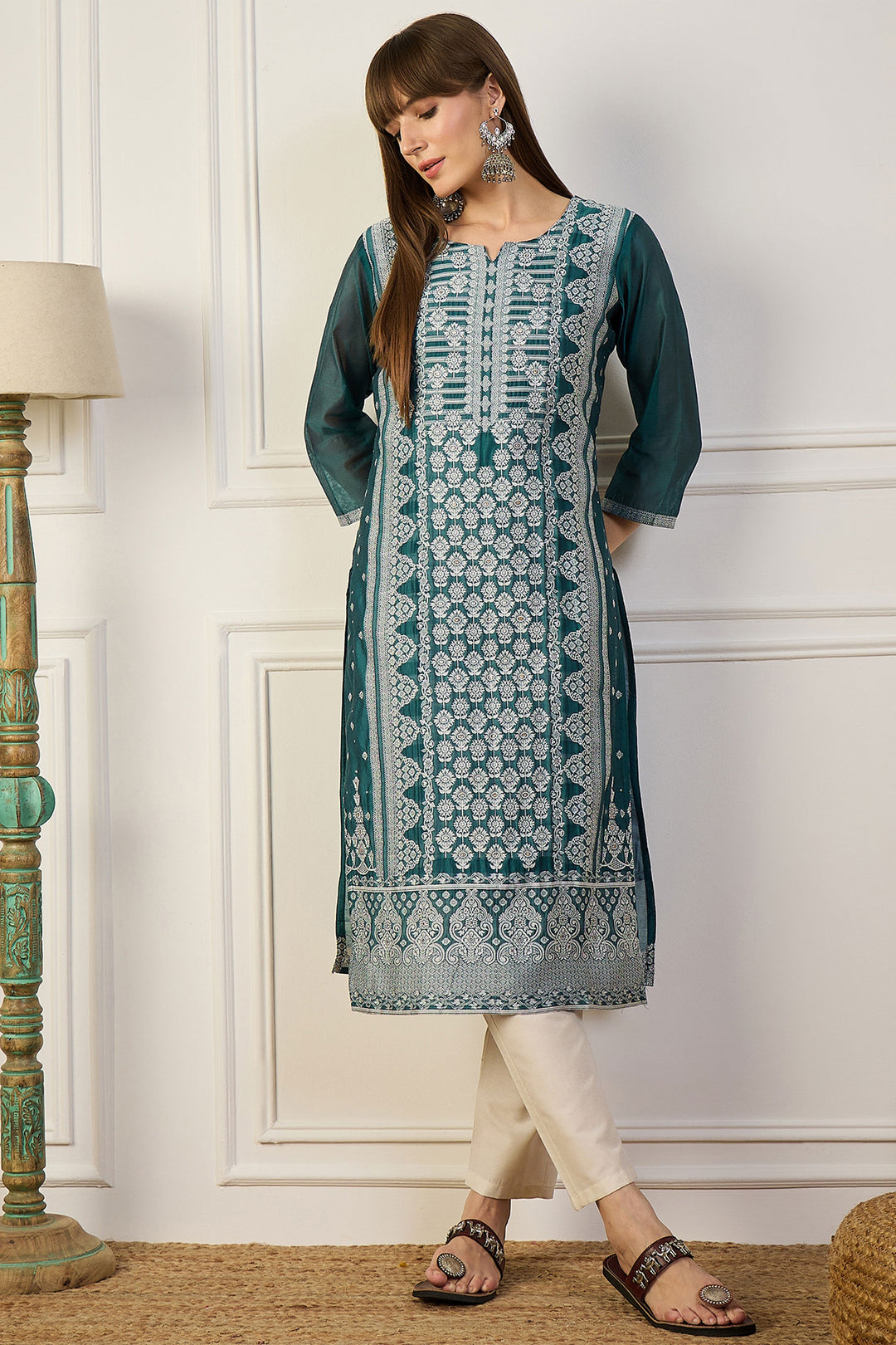 Tempting Cotton Silk Fabric Teal Color Weaving Print Kurti | Buy Online India