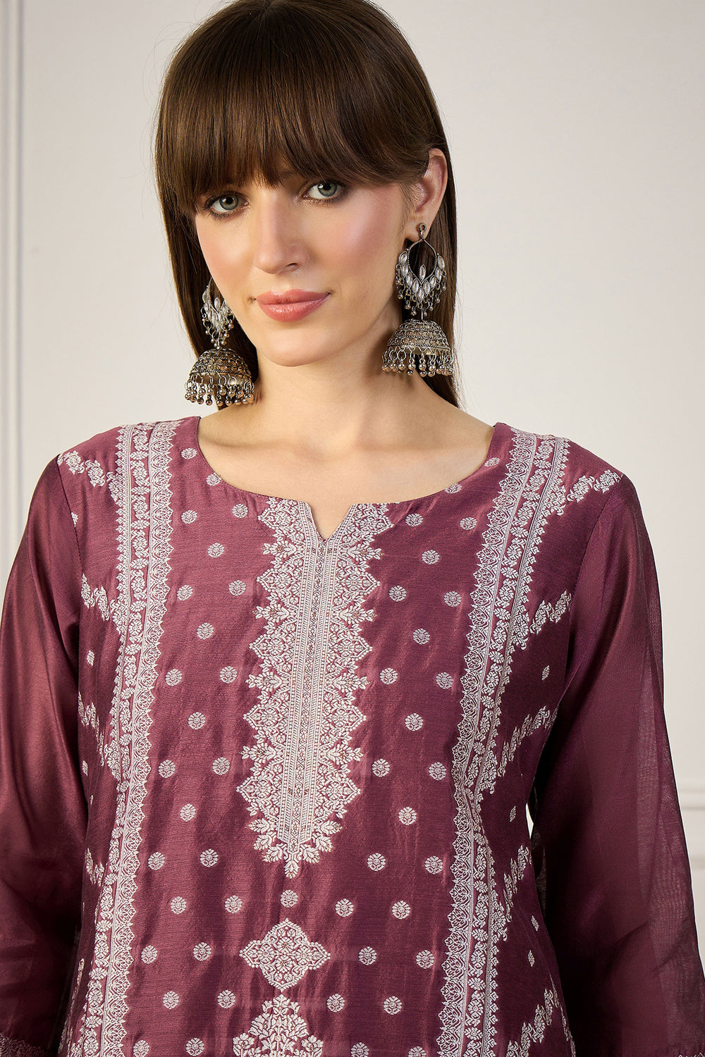Engaging Maroon Color Cotton Silk Fabric Weaving Print Kurti | Buy Online India