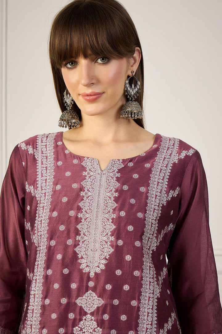 Engaging Maroon Color Cotton Silk Fabric Weaving Print Kurti | Buy Online India