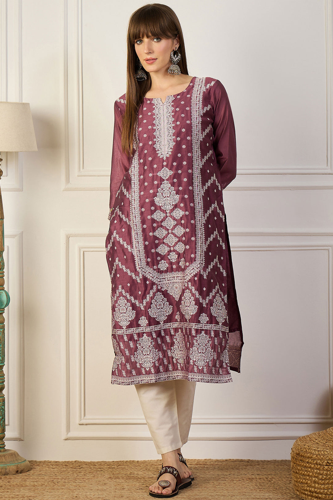 Engaging Maroon Color Cotton Silk Fabric Weaving Print Kurti | Buy Online India