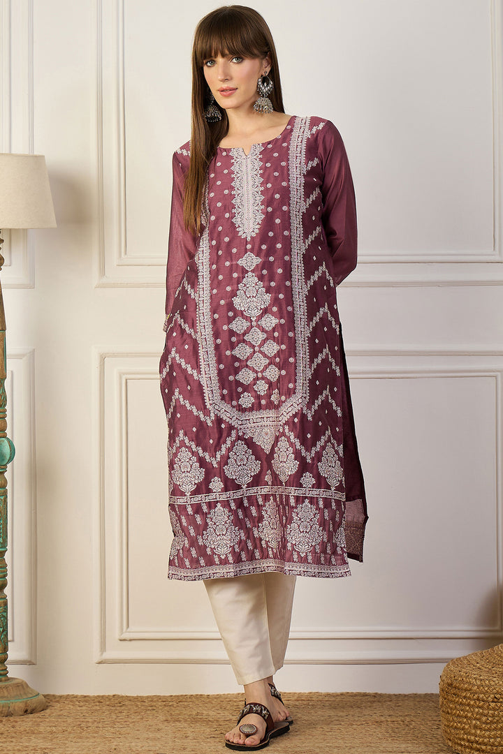 Engaging Maroon Color Cotton Silk Fabric Weaving Print Kurti | Buy Online India
