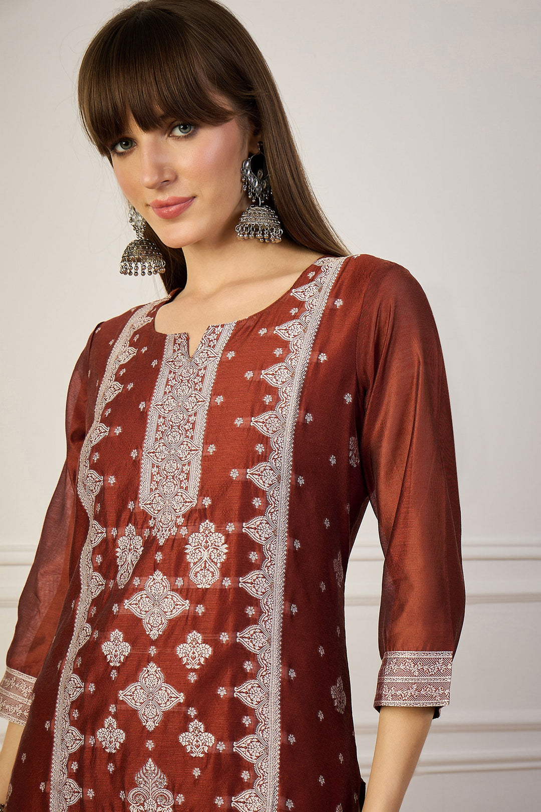 Amazing Rust Color Art Silk Fabric Weaving Print Kurti | Buy Online India