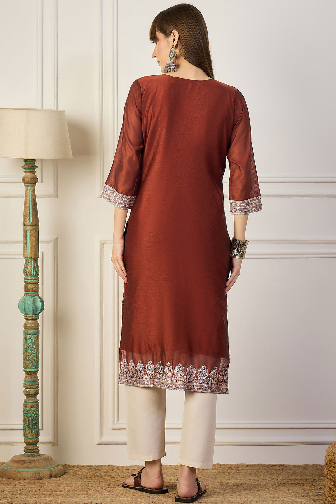 Amazing Rust Color Art Silk Fabric Weaving Print Kurti | Buy Online India